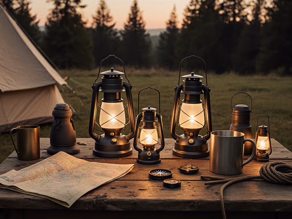 vintage_style_led_camping_lanterns_on_wooden_table_at_campsite