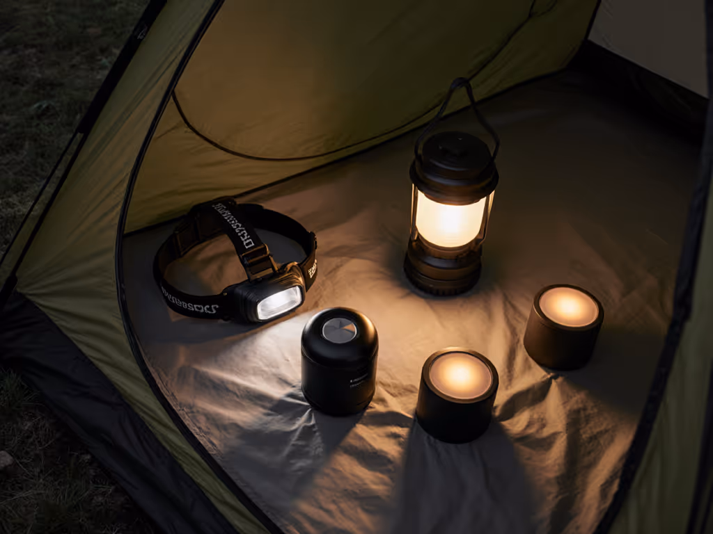 camping_headlamp_and_lantern_layout_in_tent